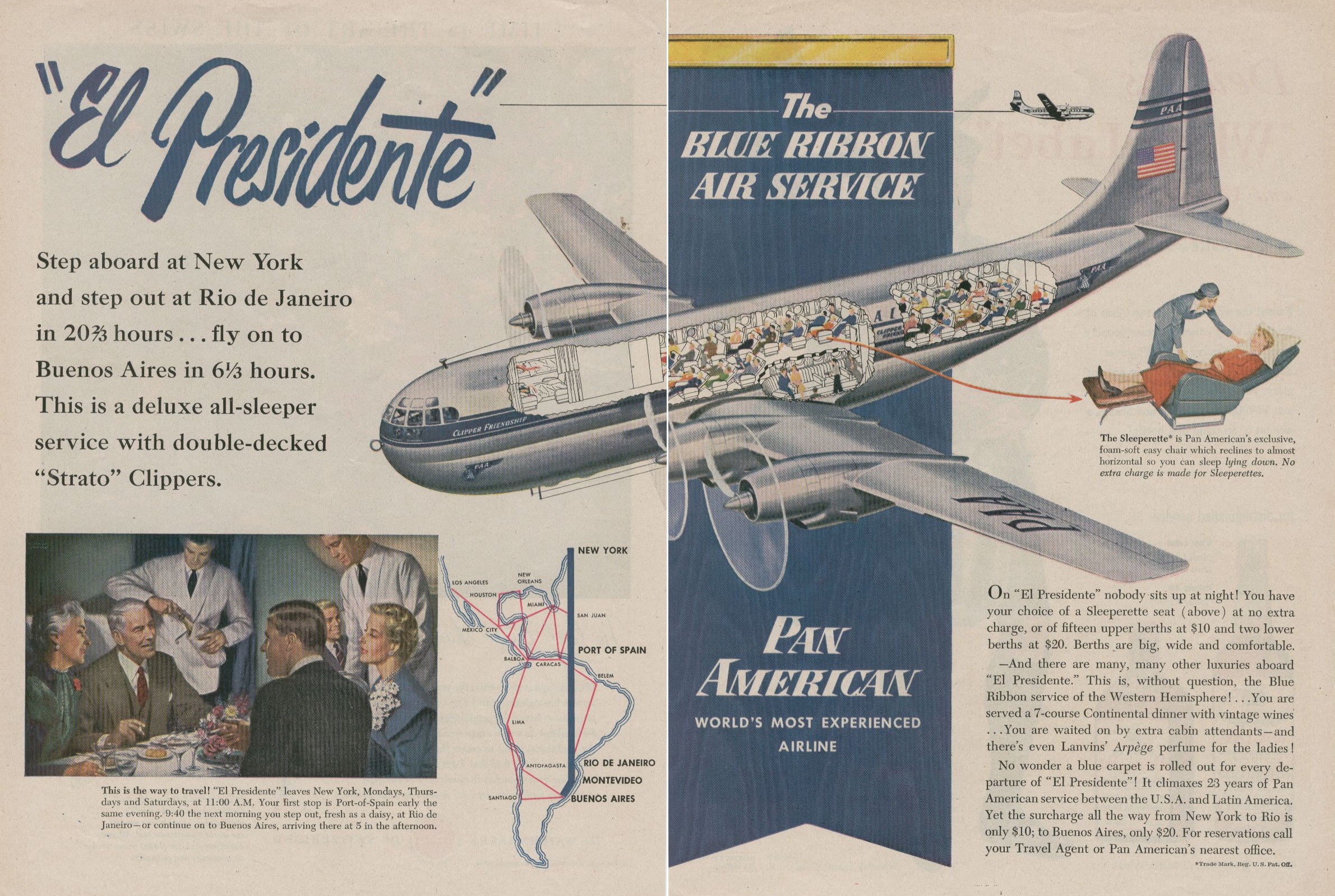 1950s  A Pan American ad for the deluxe El Presidente service on the Boeing B377 Stratocruiser.